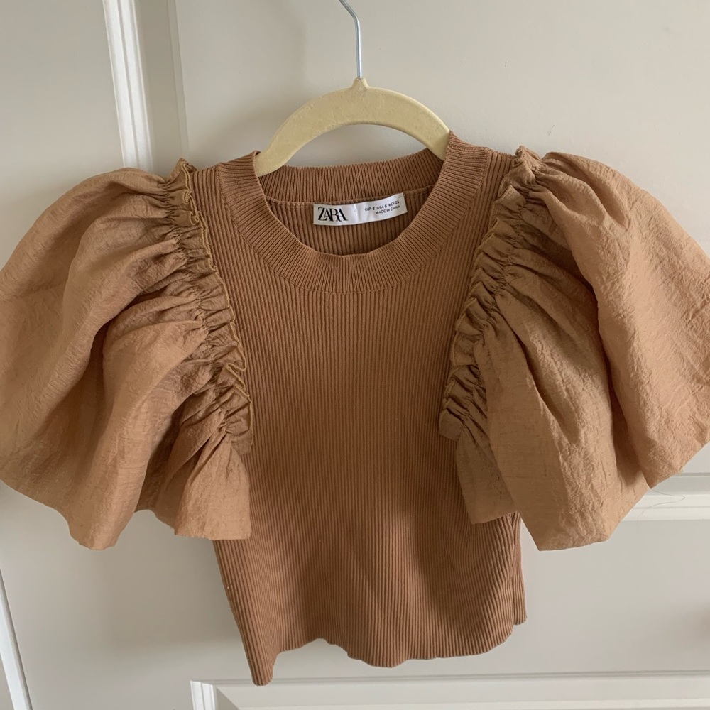 ZARA puff sleeve brown top